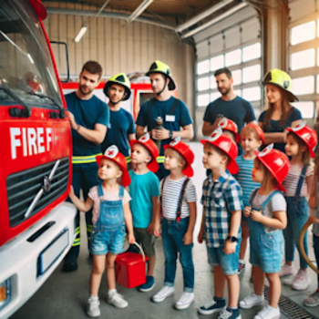 KI generiertes Foto, auf dem stehen Kinder und Feuerwehrleute vor einem Feuewehrauto